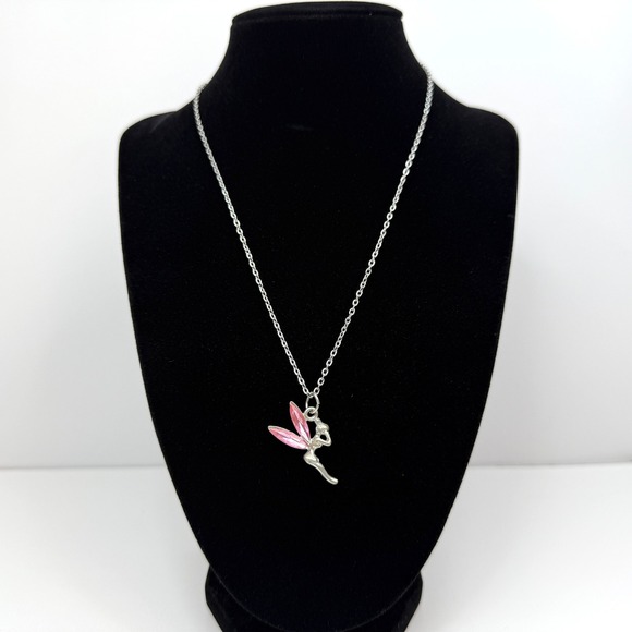 Tinkerbell Fairy Pendant Necklace Pink Acrylic Rhinestone Wings Jewelry Girls - Picture 1 of 6